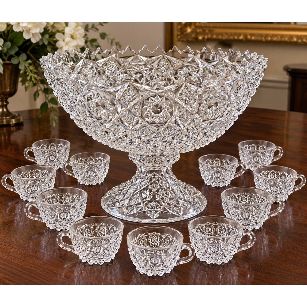 Antique 1880s American Brilliant Cut Crystal Punch Bowl Set 11 Cups Pedestal